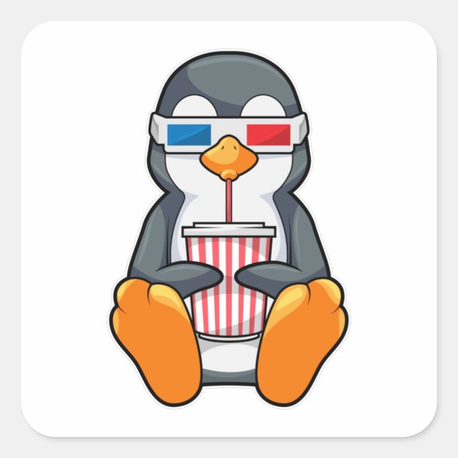 Penguin Cinema Glasses Drinking cup Square Sticker (Front)