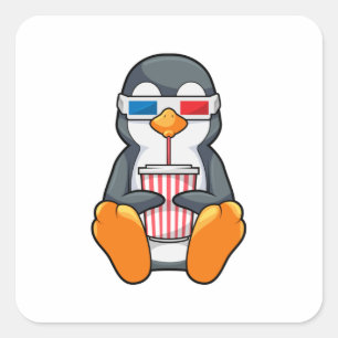 Penguin Cinema Glasses Drinking cup Square Sticker