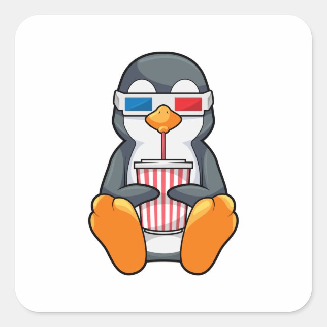 Penguin Cinema Glasses Drinking cup Square Sticker (Front)