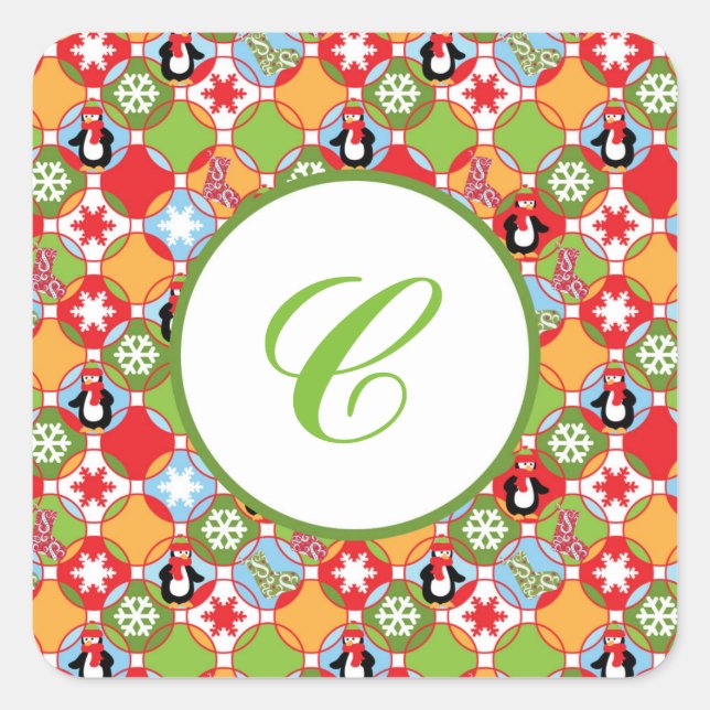 Penguin Circles Monogram Square Stickers (Front)