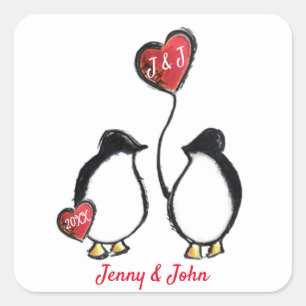 Penguin couple & heart balloon wedding square sticker