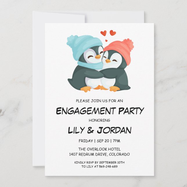 Penguin couple hugging cartoon engagement  invitation (Front)