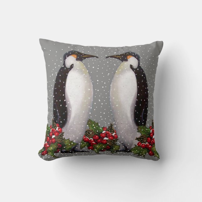 Penguin Couple in Snow: Christmas Art: Holly Cushion (Front)