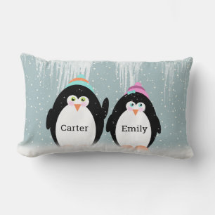 Penguin Couple In Snowflakes Throw Pillow