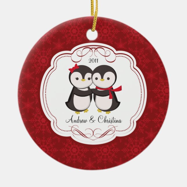 Penguin Couple Love Cute Christmas Ornament (Front)