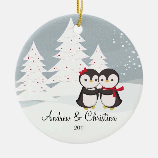 Penguin Couple Love Cute Christmas Ornament (Front)