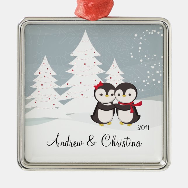 Penguin Couple Love Cute Christmas Ornament (Front)