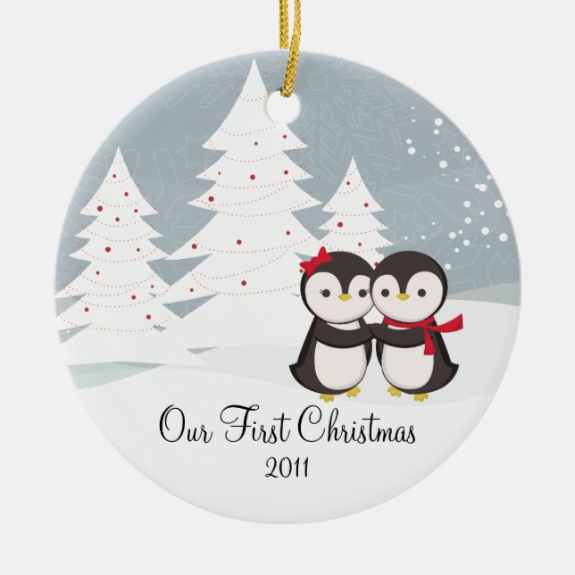 Penguin Couple Love Cute First Christmas Ornament (Front)