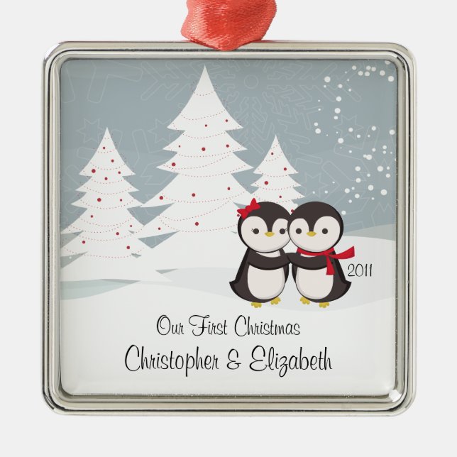 Penguin Couple Love Cute First Christmas Ornament (Front)