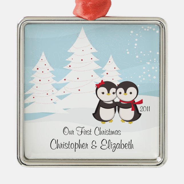 Penguin Couple Love Cute First Christmas Ornament (Front)