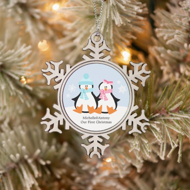 Penguin Couple Newlyweds First Christmas Snowflake Pewter Christmas Ornament (Tree)