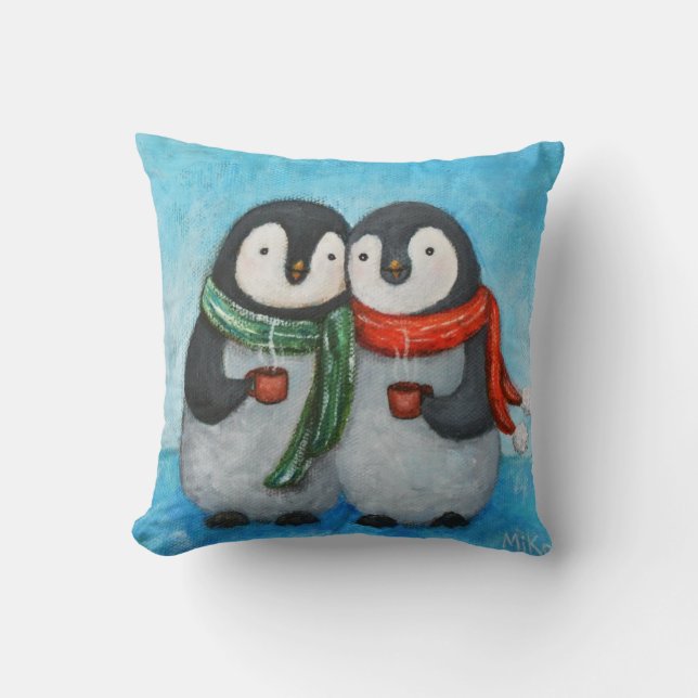 Penguin Couple Throw Pillow Penguin art Cushion (Front)
