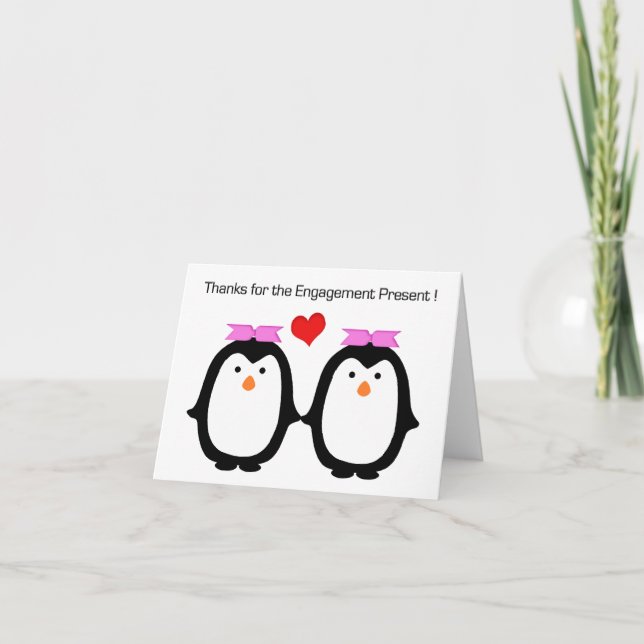 Penguin Couple Two Females Engagement Thanks Thank You Card (Front)