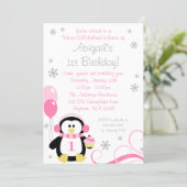 Penguin Cupcake Swirls Winter Onederland Pink Grey Invitation (Standing Front)