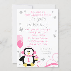 Penguin Cupcake Swirls Winter Onederland Pink Grey Invitation