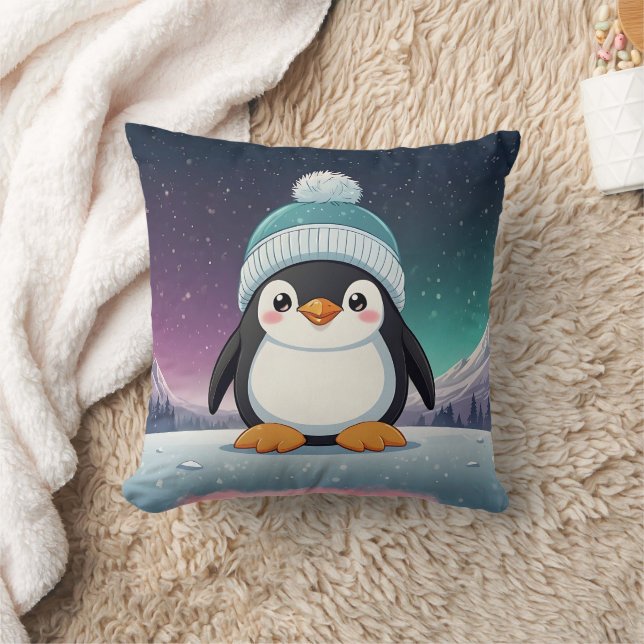 Penguin Cute Kawaii Blue Cap Print  Cushion (Blanket)