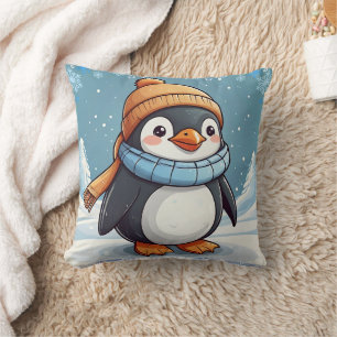 Penguin Cute Kawaii Brown Cap Print Cushion