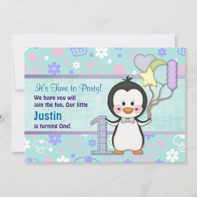Penguin Cutie- Boy First Birthday Invitation (Front)