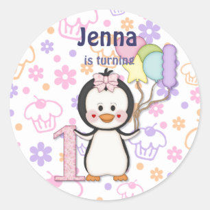 Penguin Cutie- Girl First Birthday Classic Round Sticker