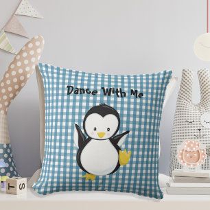 Penguin Dancing Blue Plaid Gingham Personalized Cushion