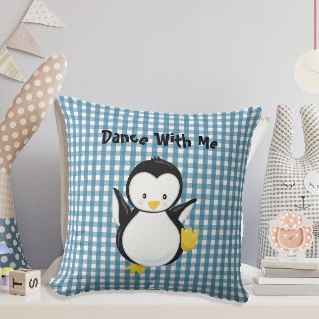 Penguin Dancing Blue Plaid Gingham Personalized Cushion (Creator Uploaded)