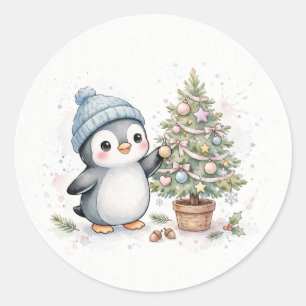 Penguin Decorating Christmas Tree Classic Round Sticker