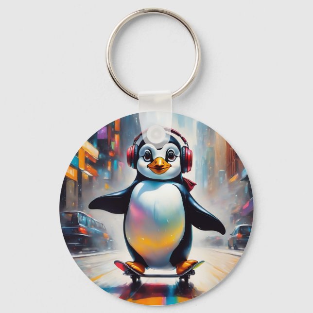 Penguin Digital Art Painting Cool Key Ring (Front)