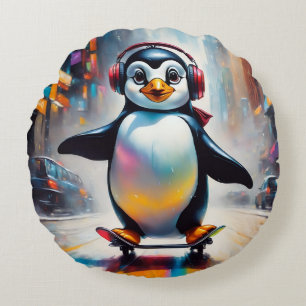 Penguin Digital Art Painting Cool Round Cushion