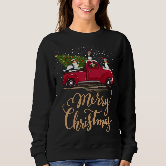 Penguin Driving Christmas Tree Red Truck Penguin C Sweatshirt (Front)