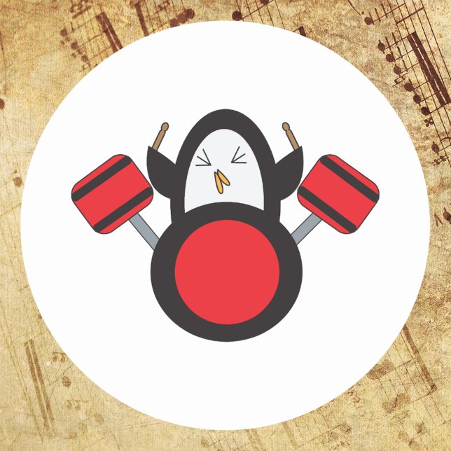 Penguin Drummer Cute Classic Round Sticker (A sticker featuring a cute penguin playing the drums.)