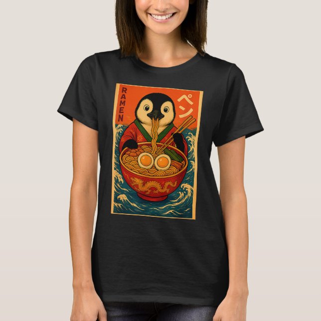 Penguin Eating Ramen Japanese Noodles Funny  T-Shirt (Front)