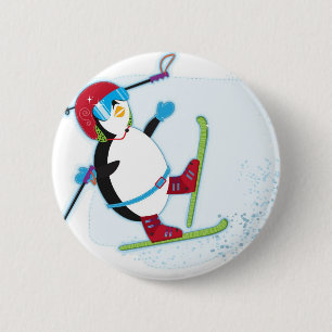Penguin falling on ski 6 cm round badge