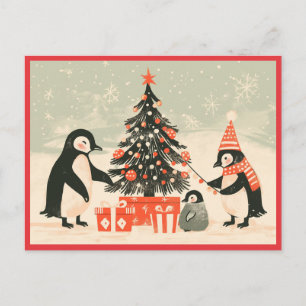Penguin Family Decorating Christmas Tree Postcard