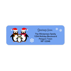 Penguin family editable text blue christmas return address label