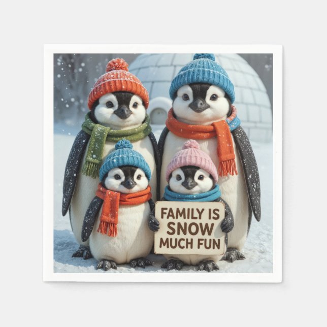 Penguin Family In Snowflakes Napkin (Front)