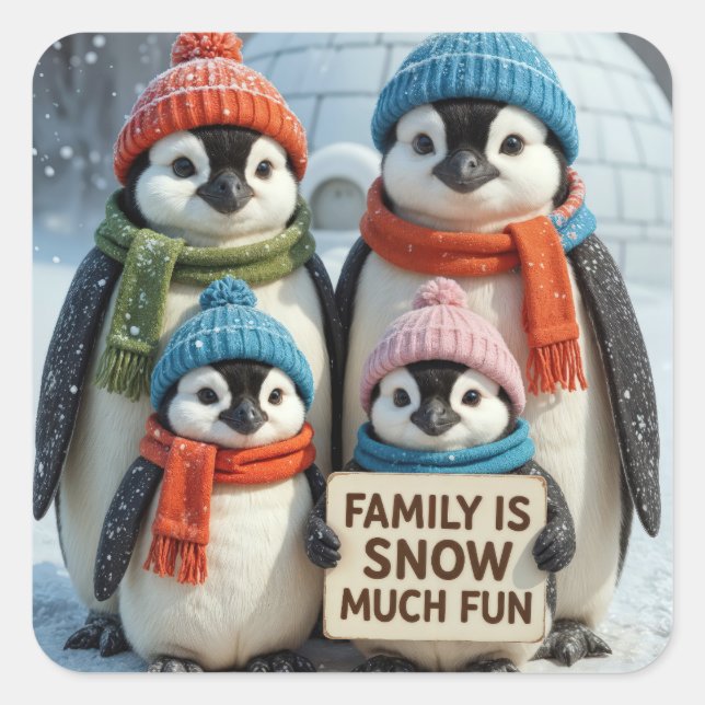 Penguin Family In Snowflakes Square Sticker (Front)