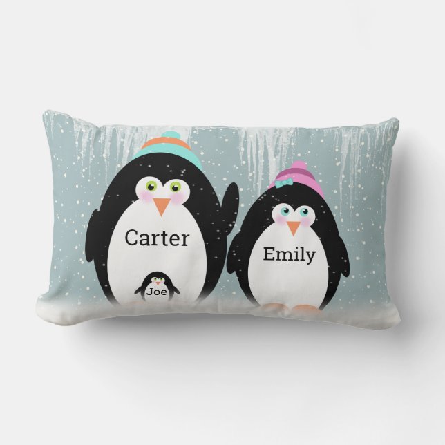 Penguin Family In Snowflakes Throw Pillow (Front)