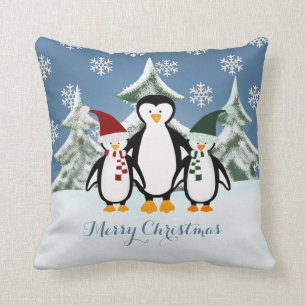 Penguin Family Merry Christmas Throw Pillow