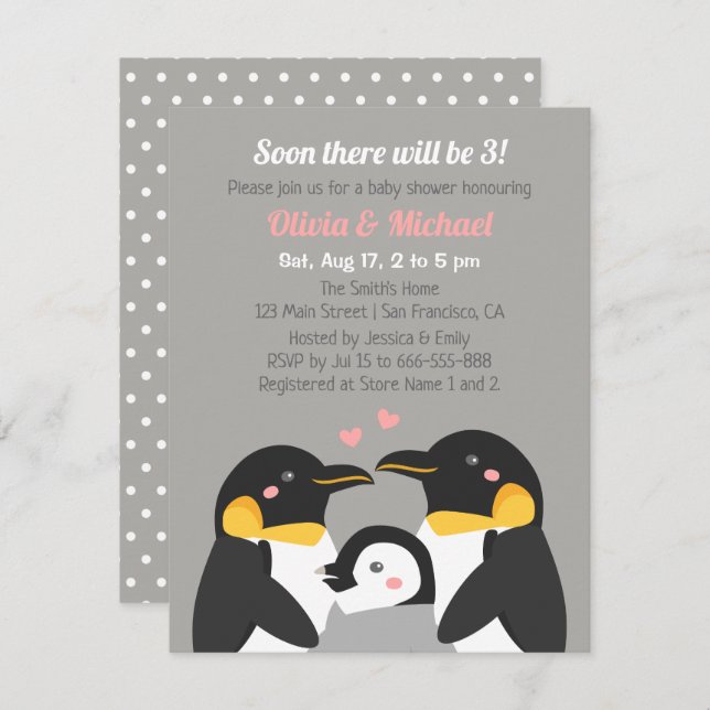 Penguin Family Of Three Baby Shower Grey Invitation (Front/Back)