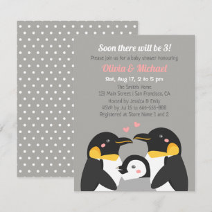 Penguin Family Of Three Baby Shower Grey Invitation