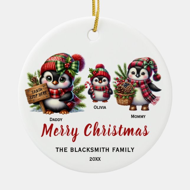 Penguin Family of Three Ceramic Ornament (Front)