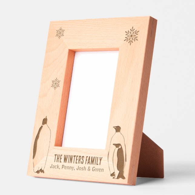 Penguin Family Portrait Snowflake Holiday Names Etched Frames (Left)