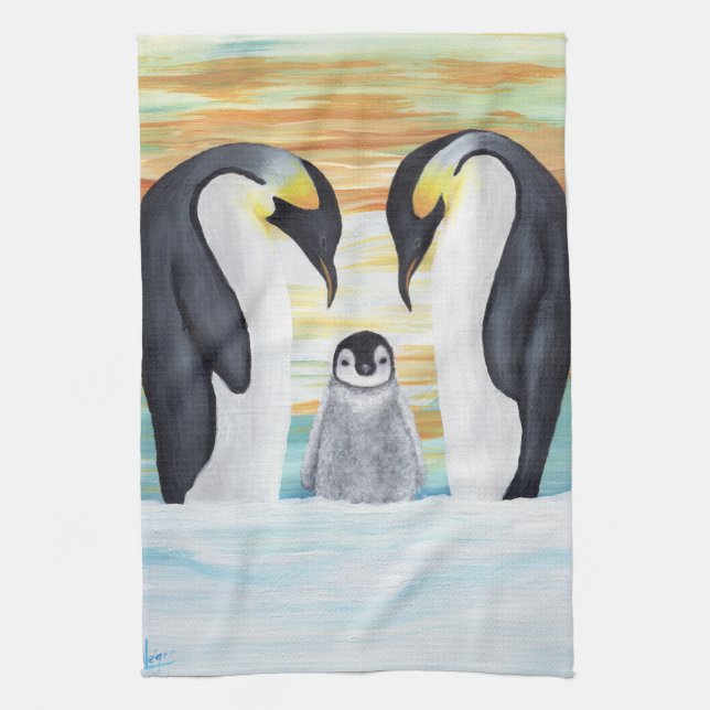 Penguin Family with Baby Penguin Tea Towel (Vertical)