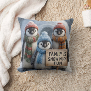 Penguin Family With Fun Sign Cushion