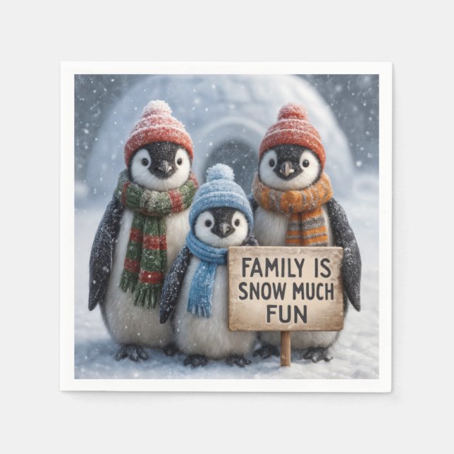 Penguin Family With Fun Sign Napkin (Front)