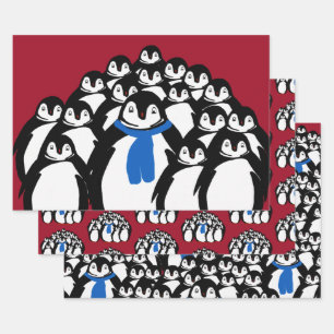 Penguin Family Wrapping Paper on Christmas Red