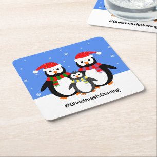 Penguin family your text christmas square paper coaster