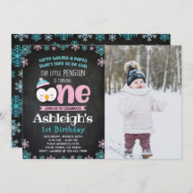 Penguin First Birthday Invitation with Photo