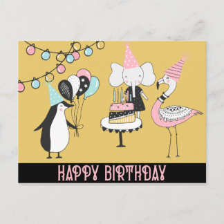 Penguin Flamingo Elephant Birthday Card