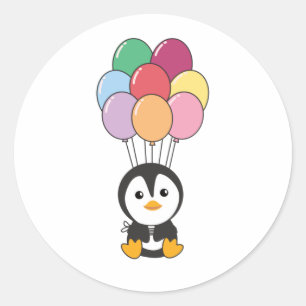 Penguin Flies Up With Colourful Balloons Classic Round Sticker
